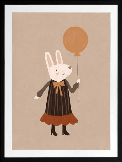 Sweet rabbit in a striped dress holding an orange balloon against a soft neutral background, from the Little Tails Collection by Urban Road.