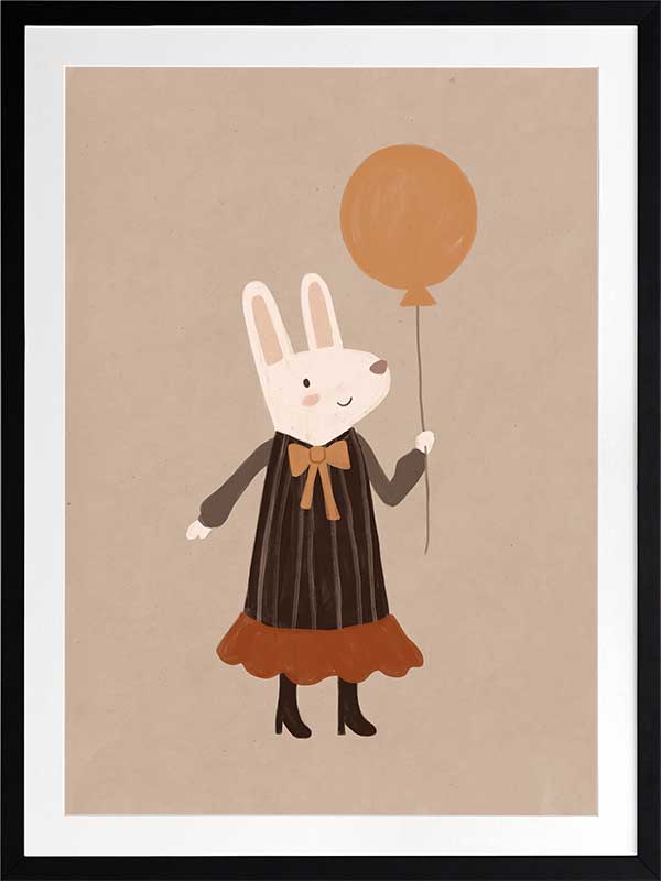 Sweet rabbit in a striped dress holding an orange balloon against a soft neutral background, from the Little Tails Collection by Urban Road.
