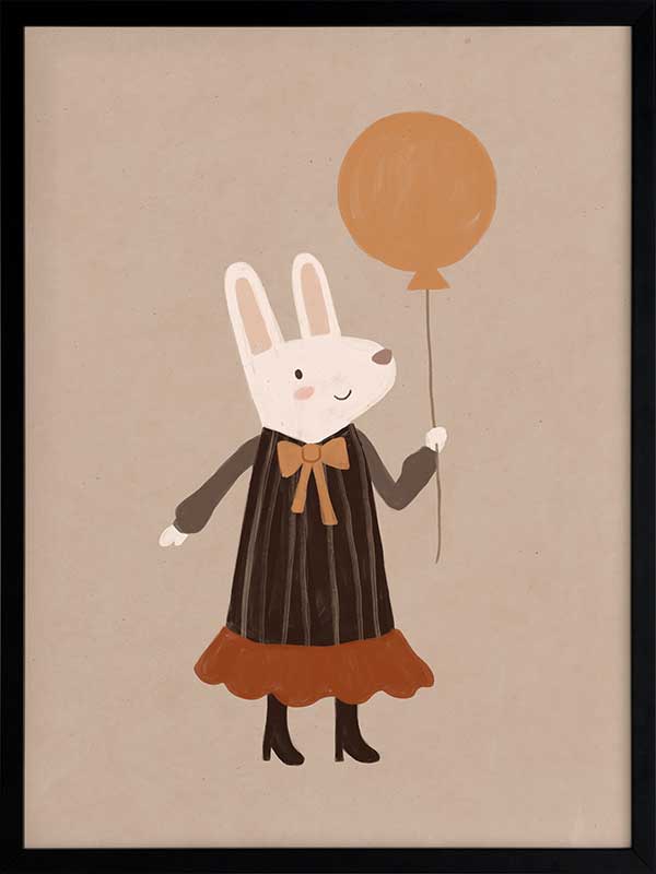 Sweet rabbit in a striped dress holding an orange balloon against a soft neutral background, from the Little Tails Collection by Urban Road.