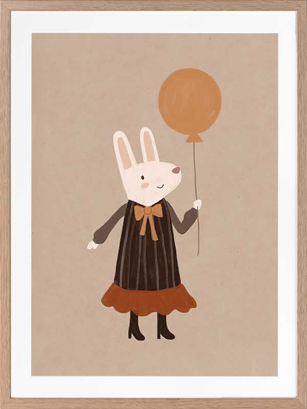 Sweet rabbit in a striped dress holding an orange balloon against a soft neutral background, from the Little Tails Collection by Urban Road.