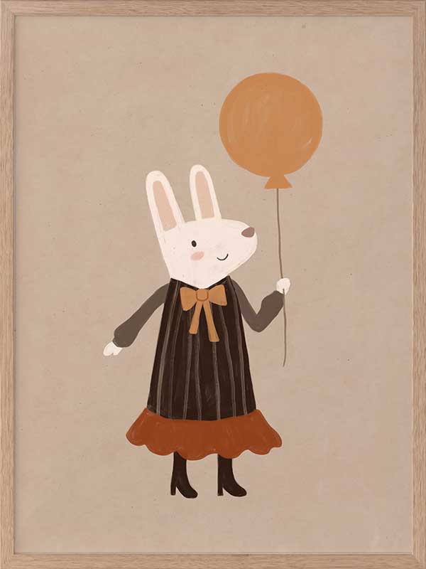Sweet rabbit in a striped dress holding an orange balloon against a soft neutral background, from the Little Tails Collection by Urban Road.