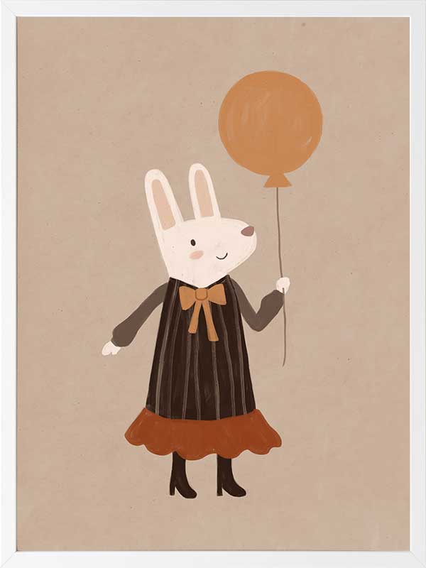 Sweet rabbit in a striped dress holding an orange balloon against a soft neutral background, from the Little Tails Collection by Urban Road.