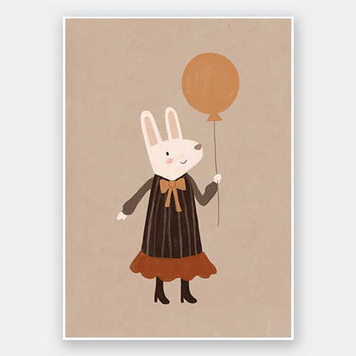 Sweet rabbit in a striped dress holding an orange balloon against a soft neutral background, from the Little Tails Collection by Urban Road.