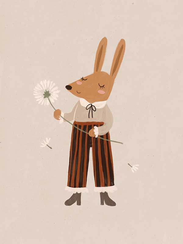 A gentle orange rabbit in striped pants holding a fluffy dandelion, making a wish amid soft neutral tones, from the Little Tails Collection by Urban Road.