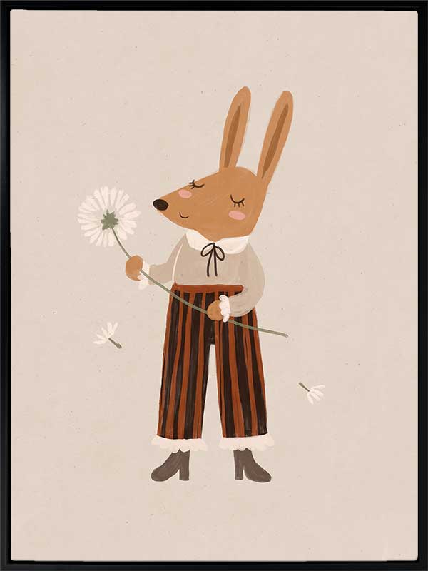 A gentle orange rabbit in striped pants holding a fluffy dandelion, making a wish amid soft neutral tones, from the Little Tails Collection by Urban Road.