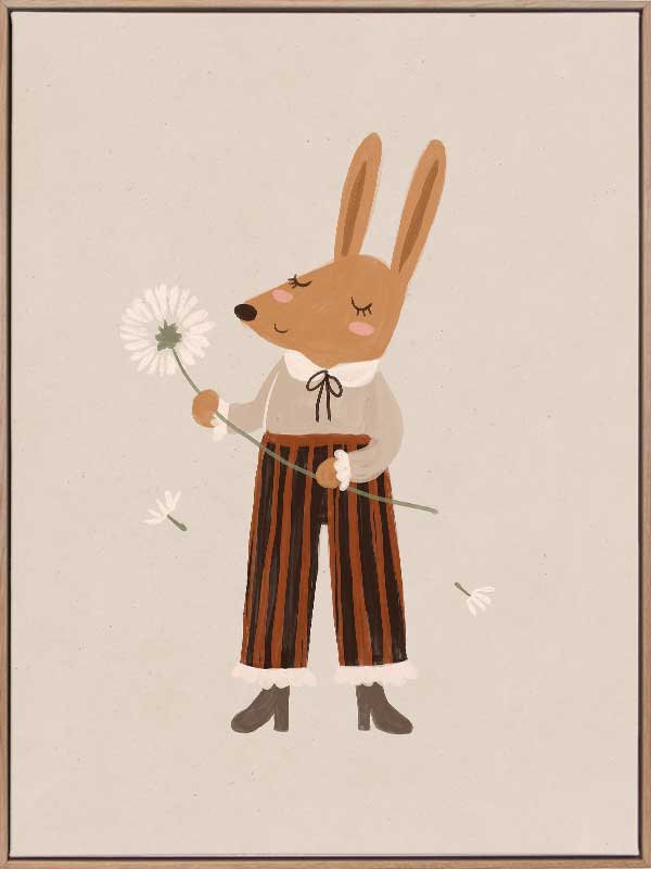 A gentle orange rabbit in striped pants holding a fluffy dandelion, making a wish amid soft neutral tones, from the Little Tails Collection by Urban Road.