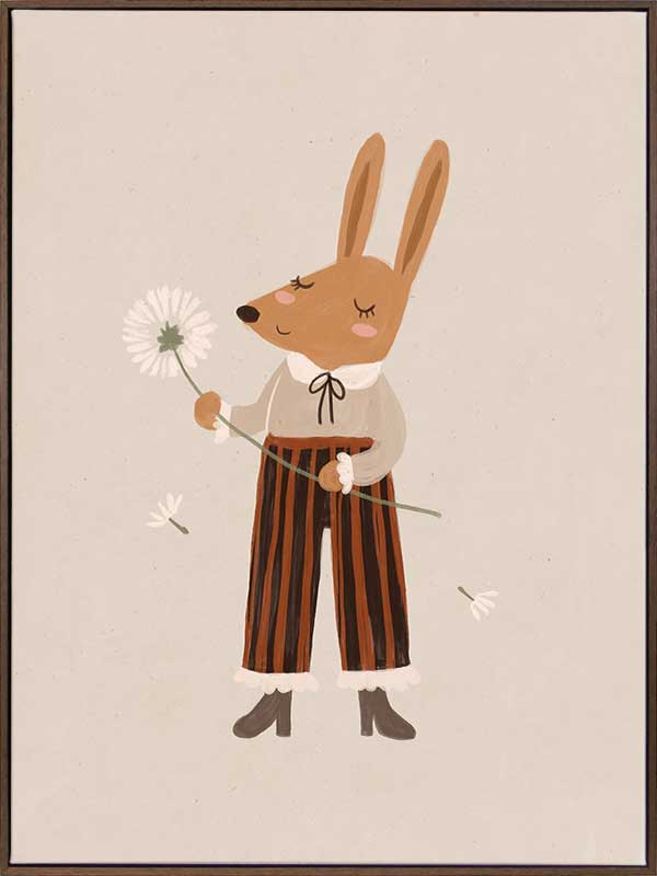 A gentle orange rabbit in striped pants holding a fluffy dandelion, making a wish amid soft neutral tones, from the Little Tails Collection by Urban Road.