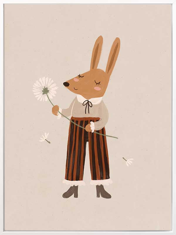 A gentle orange rabbit in striped pants holding a fluffy dandelion, making a wish amid soft neutral tones, from the Little Tails Collection by Urban Road.