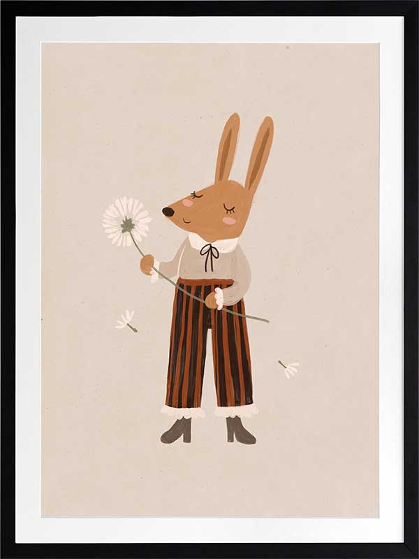 A gentle orange rabbit in striped pants holding a fluffy dandelion, making a wish amid soft neutral tones, from the Little Tails Collection by Urban Road.