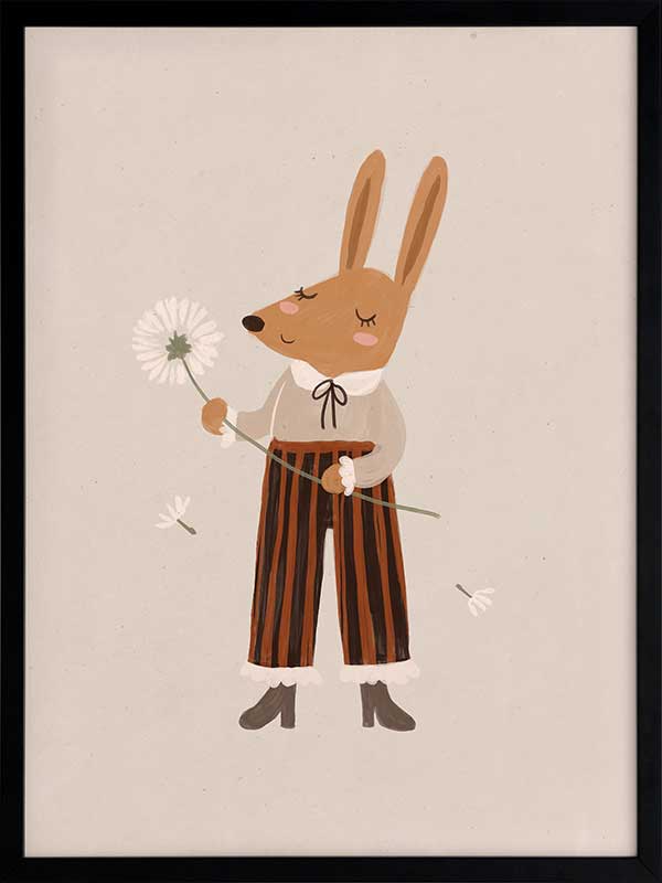 A gentle orange rabbit in striped pants holding a fluffy dandelion, making a wish amid soft neutral tones, from the Little Tails Collection by Urban Road.