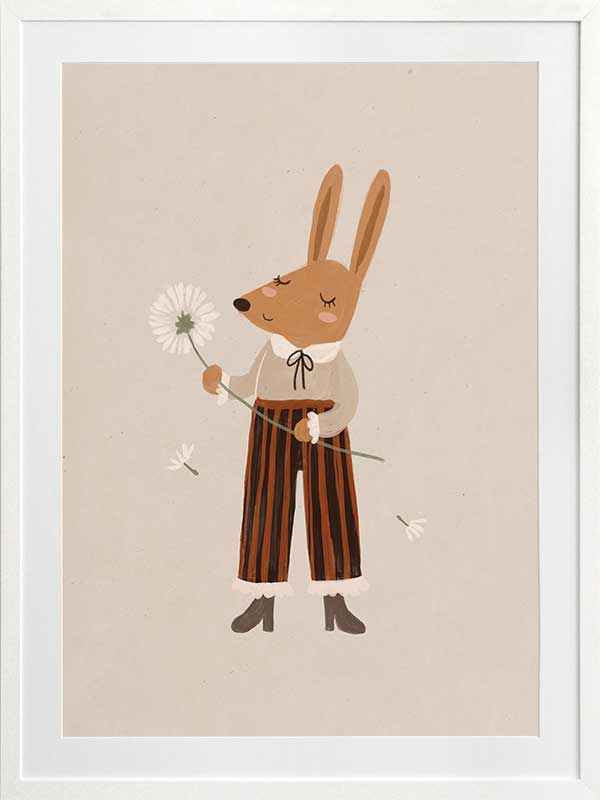 A gentle orange rabbit in striped pants holding a fluffy dandelion, making a wish amid soft neutral tones, from the Little Tails Collection by Urban Road.