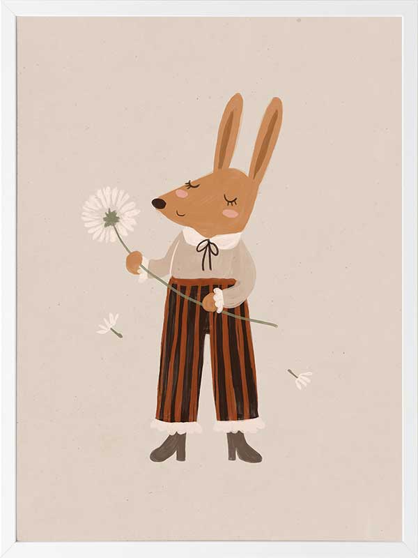 A gentle orange rabbit in striped pants holding a fluffy dandelion, making a wish amid soft neutral tones, from the Little Tails Collection by Urban Road.