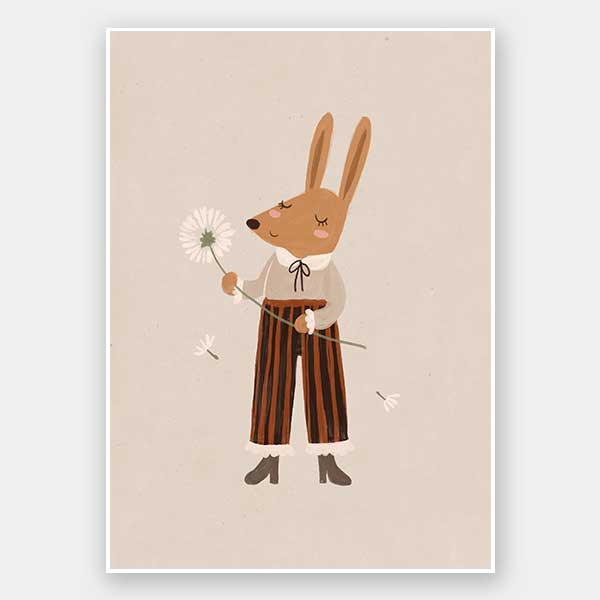 A gentle orange rabbit in striped pants holding a fluffy dandelion, making a wish amid soft neutral tones, from the Little Tails Collection by Urban Road.