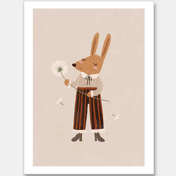 A gentle orange rabbit in striped pants holding a fluffy dandelion, making a wish amid soft neutral tones, from the Little Tails Collection by Urban Road.