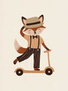 Dapper fox scooting along in a hat and striped outfit on a warm neutral backdrop, from the Little Tails Collection by Urban Road.