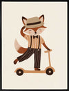Dapper fox scooting along in a hat and striped outfit on a warm neutral backdrop, from the Little Tails Collection by Urban Road.