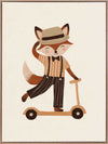 Dapper fox scooting along in a hat and striped outfit on a warm neutral backdrop, from the Little Tails Collection by Urban Road.