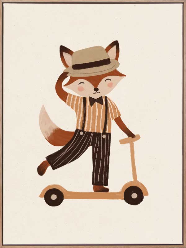 Dapper fox scooting along in a hat and striped outfit on a warm neutral backdrop, from the Little Tails Collection by Urban Road.