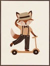Dapper fox scooting along in a hat and striped outfit on a warm neutral backdrop, from the Little Tails Collection by Urban Road.