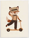 Dapper fox scooting along in a hat and striped outfit on a warm neutral backdrop, from the Little Tails Collection by Urban Road.