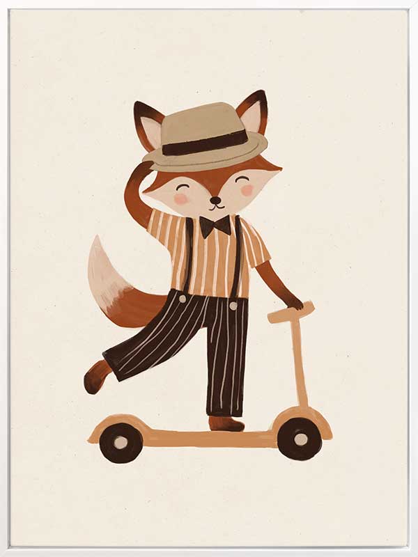 Dapper fox scooting along in a hat and striped outfit on a warm neutral backdrop, from the Little Tails Collection by Urban Road.