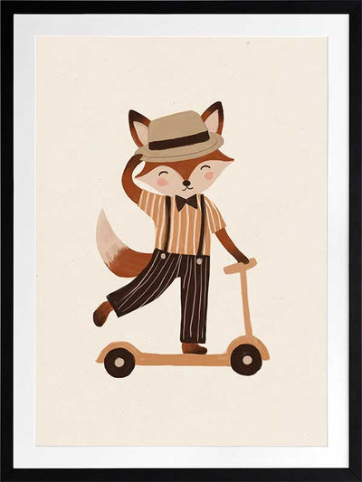 Dapper fox scooting along in a hat and striped outfit on a warm neutral backdrop, from the Little Tails Collection by Urban Road.
