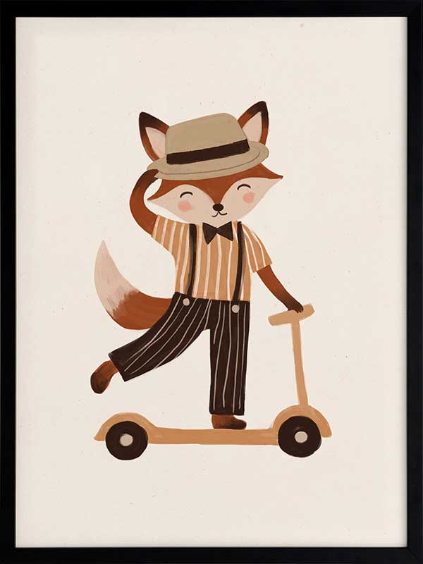 Dapper fox scooting along in a hat and striped outfit on a warm neutral backdrop, from the Little Tails Collection by Urban Road.