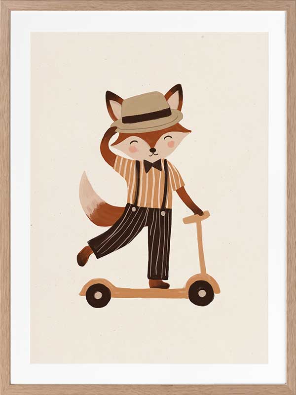 Dapper fox scooting along in a hat and striped outfit on a warm neutral backdrop, from the Little Tails Collection by Urban Road.