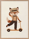 Dapper fox scooting along in a hat and striped outfit on a warm neutral backdrop, from the Little Tails Collection by Urban Road.