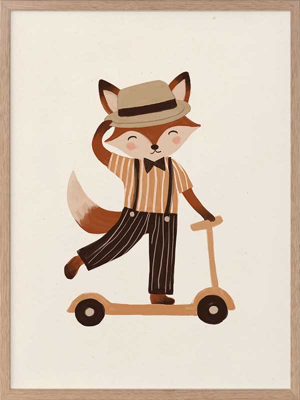 Dapper fox scooting along in a hat and striped outfit on a warm neutral backdrop, from the Little Tails Collection by Urban Road.
