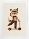 Dapper fox scooting along in a hat and striped outfit on a warm neutral backdrop, from the Little Tails Collection by Urban Road.