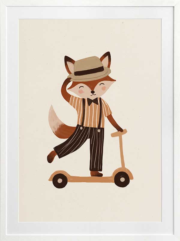Dapper fox scooting along in a hat and striped outfit on a warm neutral backdrop, from the Little Tails Collection by Urban Road.