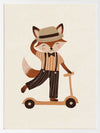 Dapper fox scooting along in a hat and striped outfit on a warm neutral backdrop, from the Little Tails Collection by Urban Road.
