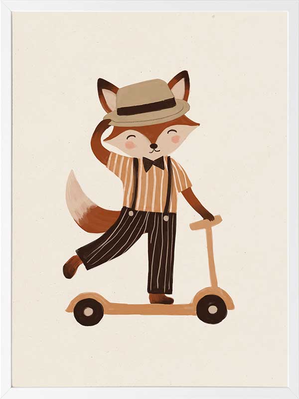 Dapper fox scooting along in a hat and striped outfit on a warm neutral backdrop, from the Little Tails Collection by Urban Road.