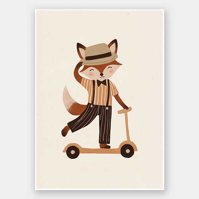 Dapper fox scooting along in a hat and striped outfit on a warm neutral backdrop, from the Little Tails Collection by Urban Road.