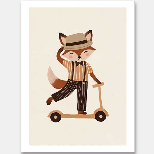 Dapper fox scooting along in a hat and striped outfit on a warm neutral backdrop, from the Little Tails Collection by Urban Road.