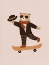 Stylish bear balancing on a skateboard with a top hat and scarf in peachy tones, from the Little Tails Collection by Urban Road.