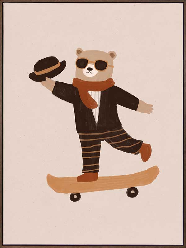 Stylish bear balancing on a skateboard with a top hat and scarf in peachy tones, from the Little Tails Collection by Urban Road.