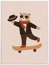 Stylish bear balancing on a skateboard with a top hat and scarf in peachy tones, from the Little Tails Collection by Urban Road.