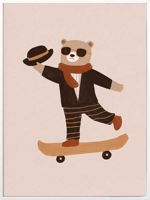 Stylish bear balancing on a skateboard with a top hat and scarf in peachy tones, from the Little Tails Collection by Urban Road.