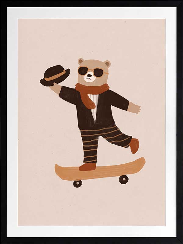 Stylish bear balancing on a skateboard with a top hat and scarf in peachy tones, from the Little Tails Collection by Urban Road.