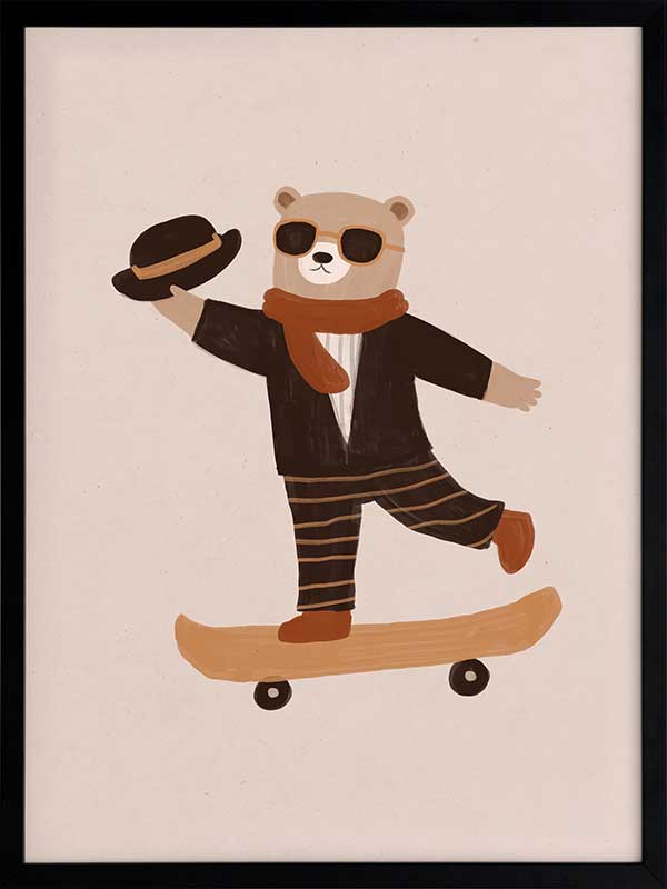 Stylish bear balancing on a skateboard with a top hat and scarf in peachy tones, from the Little Tails Collection by Urban Road.