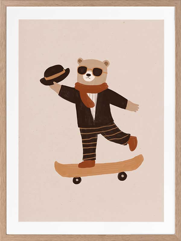 Stylish bear balancing on a skateboard with a top hat and scarf in peachy tones, from the Little Tails Collection by Urban Road.