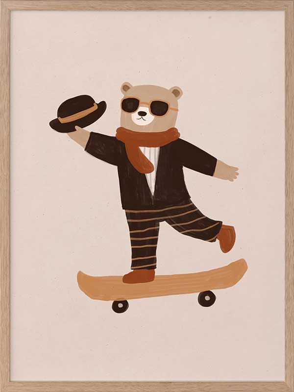 Stylish bear balancing on a skateboard with a top hat and scarf in peachy tones, from the Little Tails Collection by Urban Road.