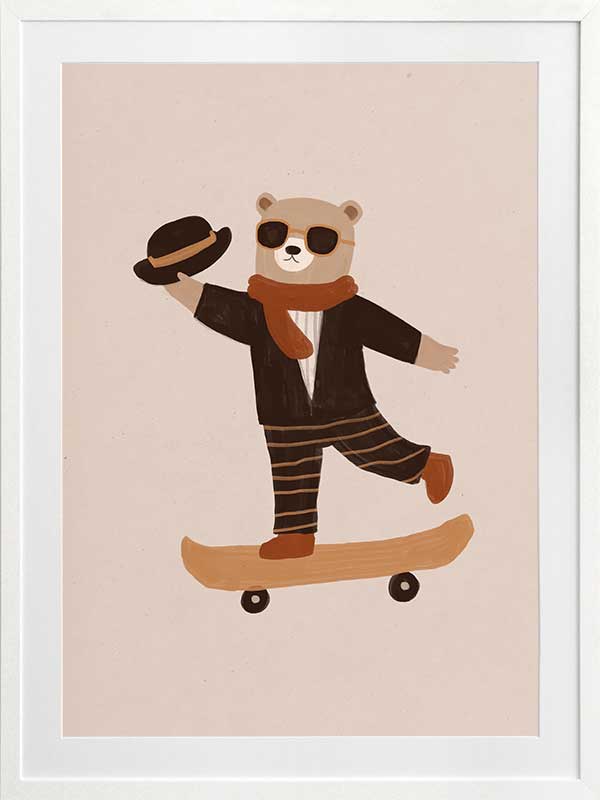 Stylish bear balancing on a skateboard with a top hat and scarf in peachy tones, from the Little Tails Collection by Urban Road.