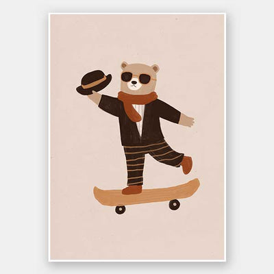 Stylish bear balancing on a skateboard with a top hat and scarf in peachy tones, from the Little Tails Collection by Urban Road.