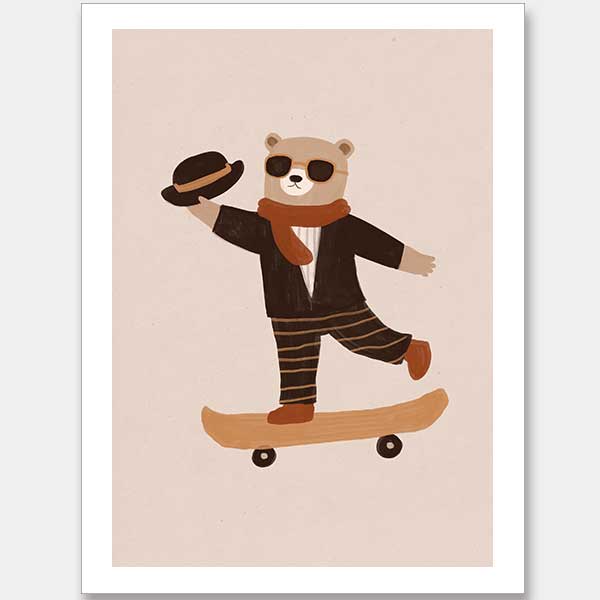 Stylish bear balancing on a skateboard with a top hat and scarf in peachy tones, from the Little Tails Collection by Urban Road.