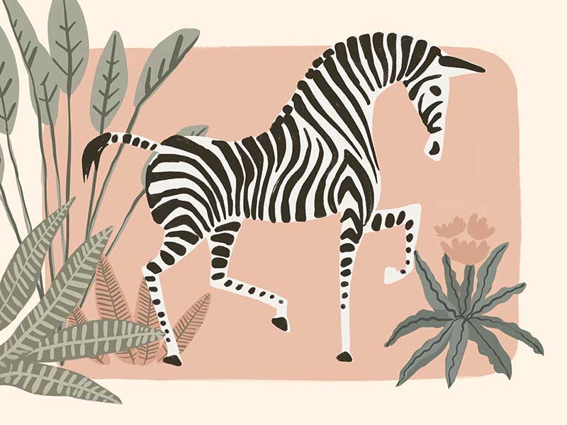 Graceful zebra stepping through leafy jungle plants on a soft peach background, from the Little Tails Collection by Urban Road.