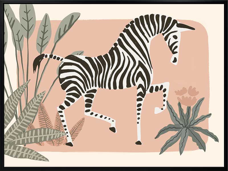 Graceful zebra stepping through leafy jungle plants on a soft peach background, from the Little Tails Collection by Urban Road.