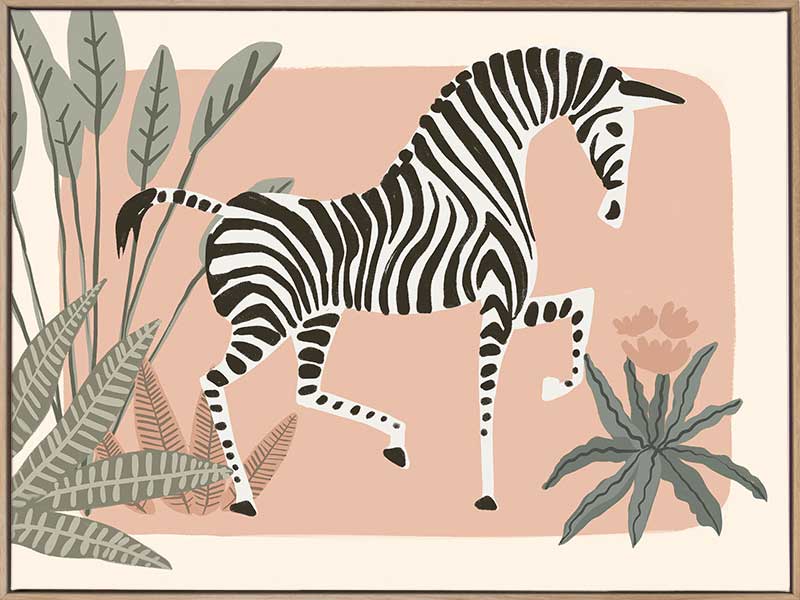Graceful zebra stepping through leafy jungle plants on a soft peach background, from the Little Tails Collection by Urban Road.